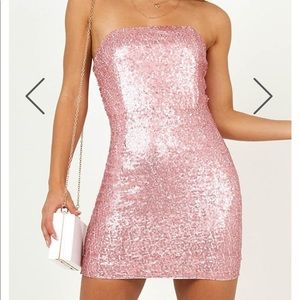 Sequin mini strapless dress.